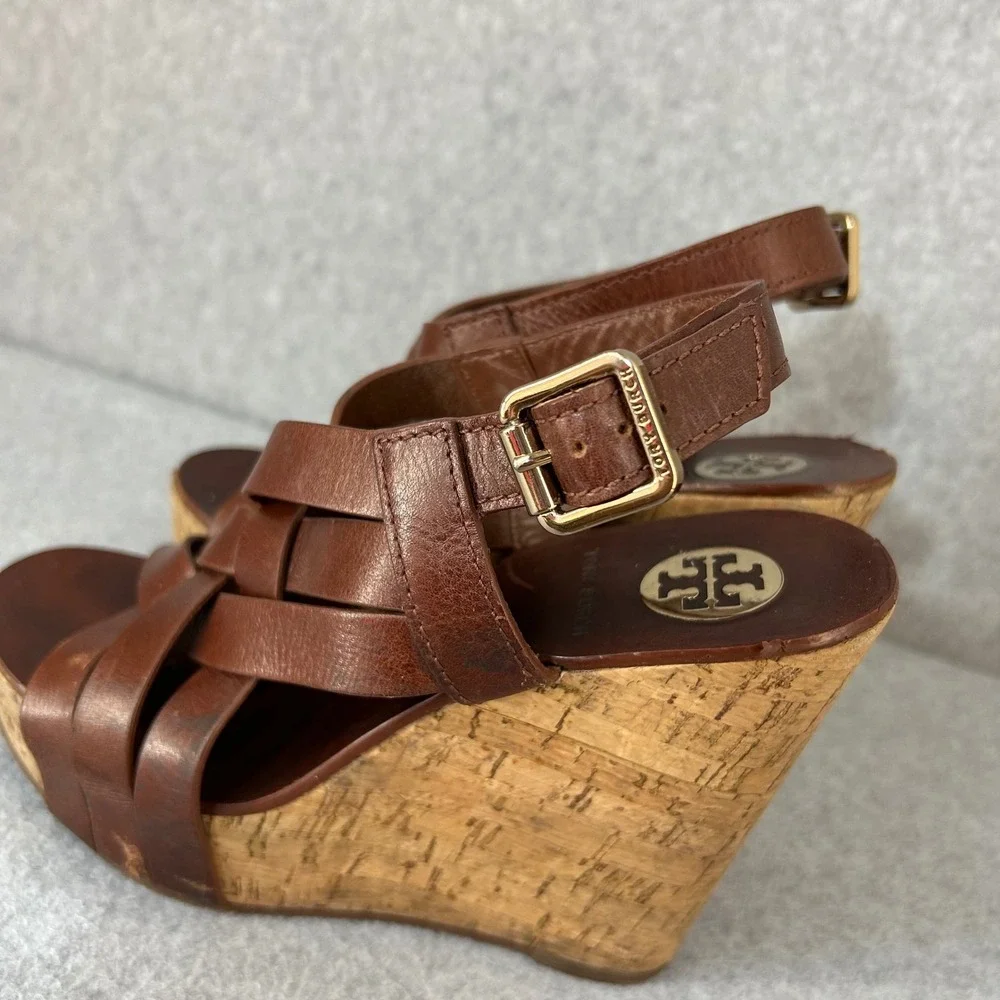 Tory Burch Ace Wedge Heels Brown Sienna Leather Strappy Cork Sandals Size‎ 7 M